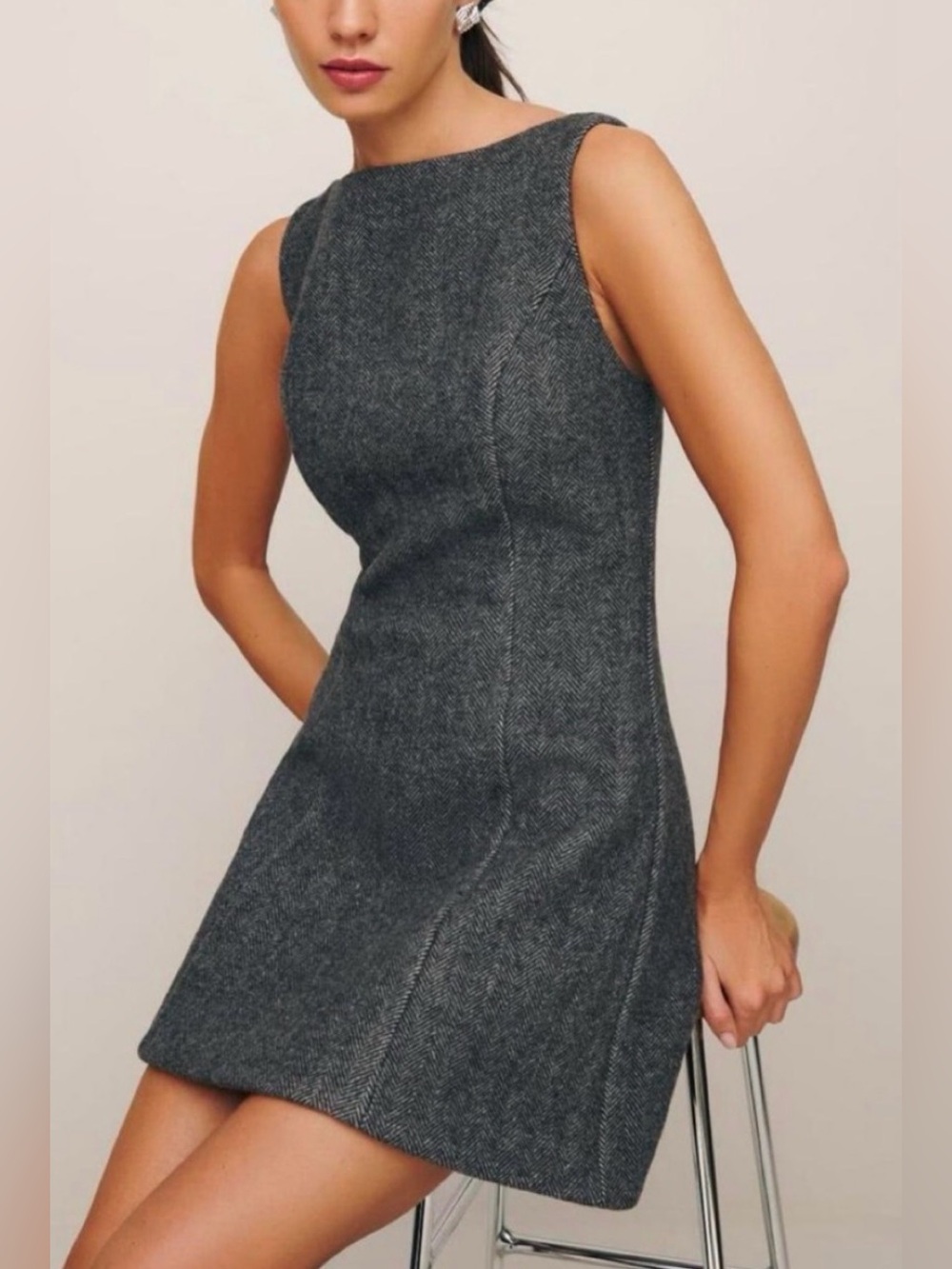 Reformation Tweed Mini Dress. Wool blend. Charcoal. Minimalist. Layering. 10